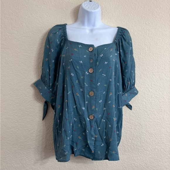 LC Lauren Conrad Square Neck Puff Sleeve Top Blouse Size Medium Button Front NWT - Picture 1 of 9